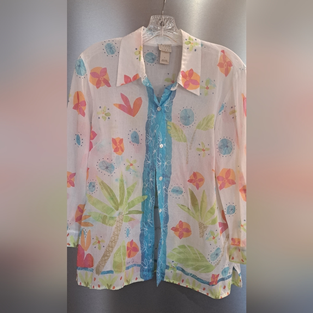 Sigrid Olsen Maui Waves Cotton Top Palm Trees Beach Semi Sheer Size Large